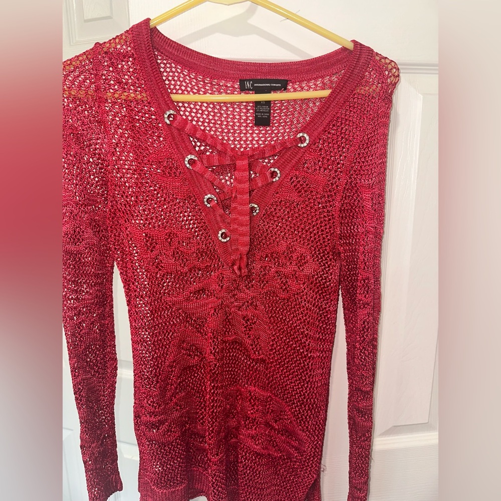 INC International Concepts Red Lace-Up Crochet Top